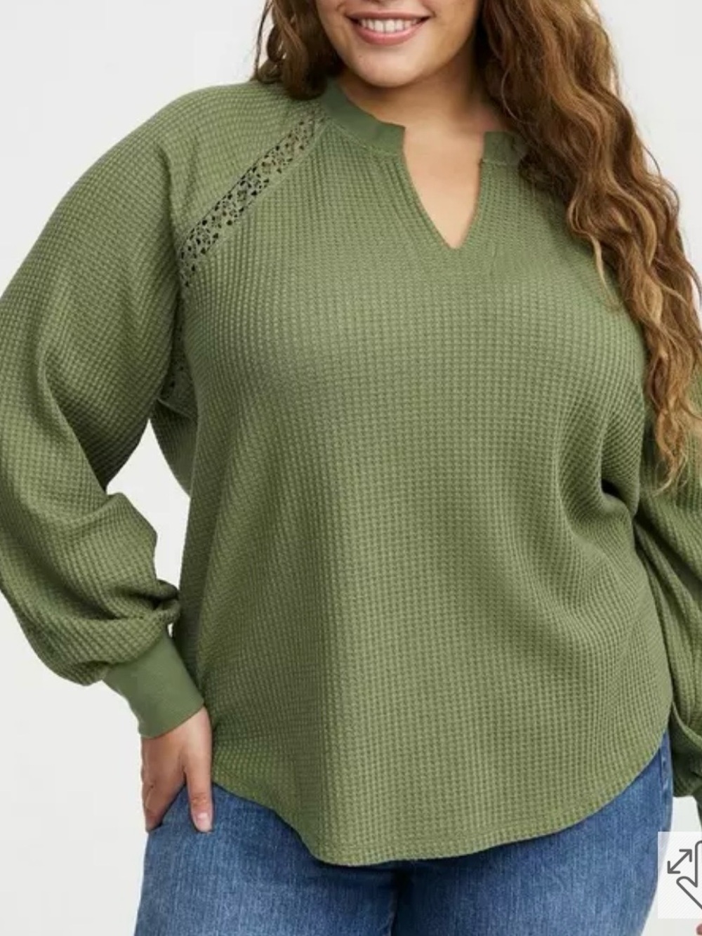 Torrid Olive Green Waffle Crochet‎ Inset Top Plus Size 3X Oversized Relaxed Long